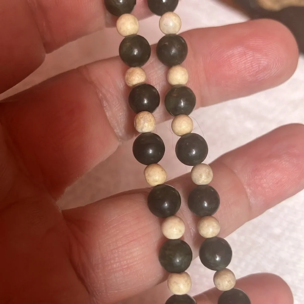 Handmade Hand Held Tan Wood & Green Jade Rosary Beaded Prayer Beads Purse Charm
